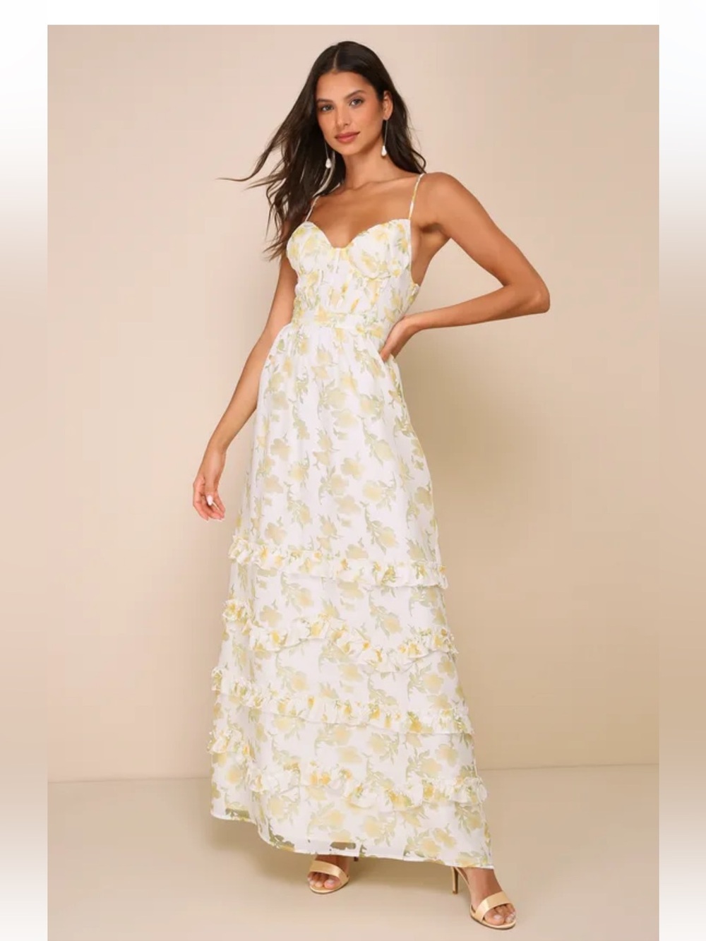 Lulu's Yellow Floral Sweetheart Maxi Dress